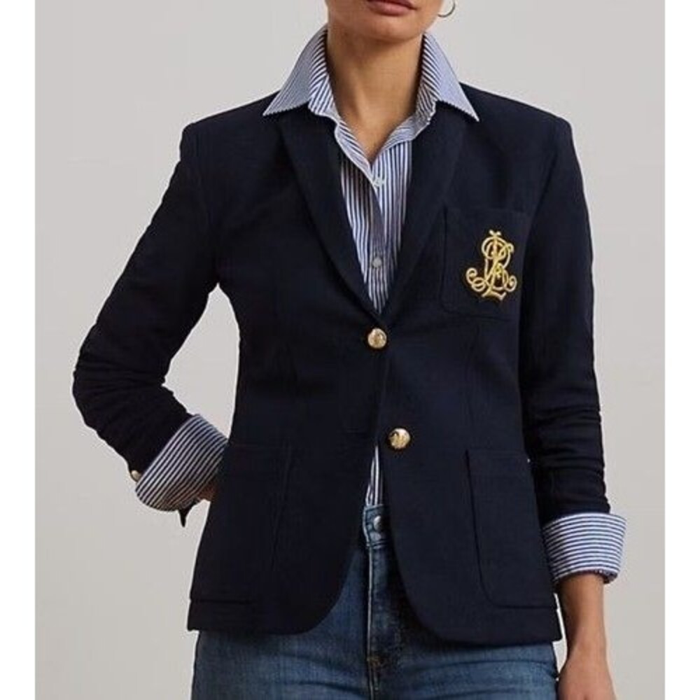 Lauren Ralph Lauren Bullion Jacquard Blazer Navy Gold Crest NWT Size L $245